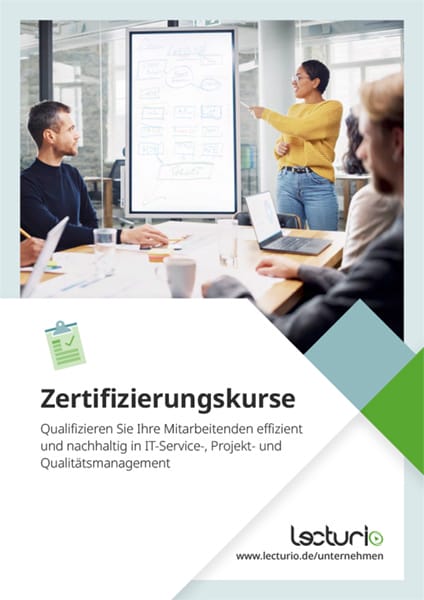 Lecturio Zertifizierungskurse Projektmanagement Broschüre mit Schulungsszene