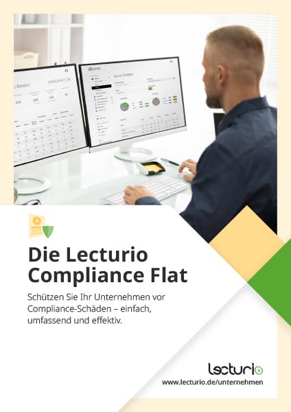 Lecturio Compliance Flat Broschüre mit Mann am Schreibtisch