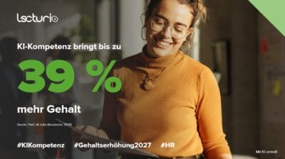 Frau im Büro liest lächelnd ein Dokument, daneben der Text: KI-Kompetenz bringt bis zu 39 % mehr Gehalt