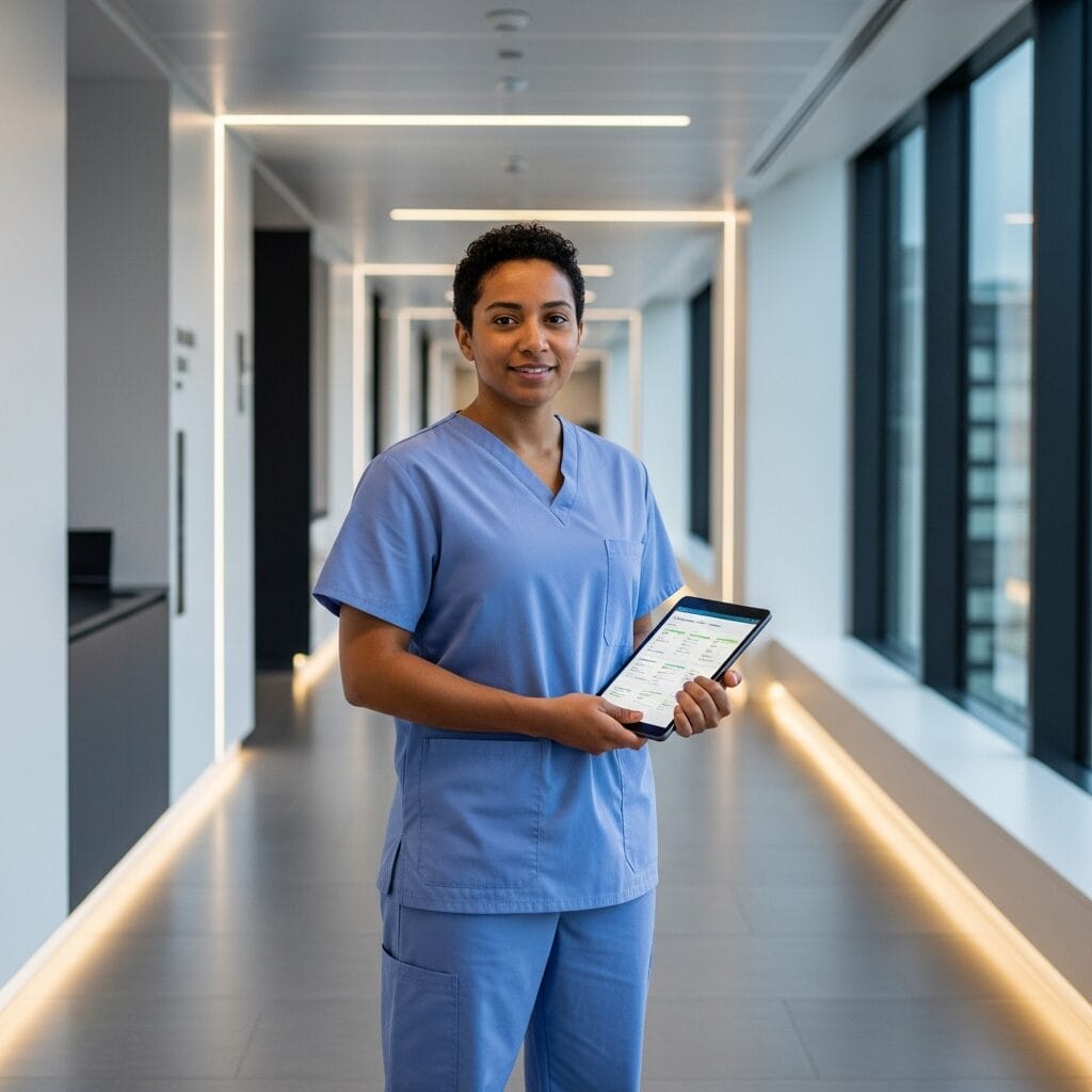 Pflegefachfrau mit Tablet in der Hand